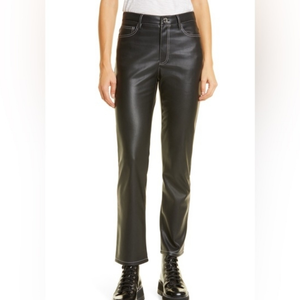 STAUD Elliot Faux Leather Mid Rise Straight Leg Pants, Black w/ White Stitching.